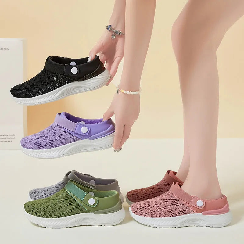 Women's breathable mesh slip-on sandals with round toe and PVC sole in multiple colours