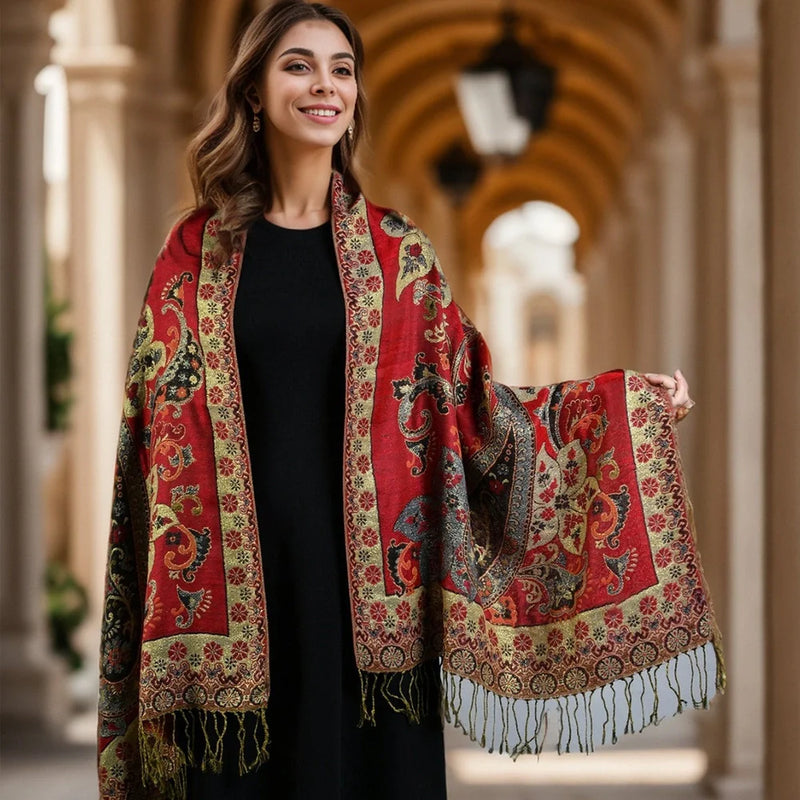 Cashew pattern tassel scarf measuring 176cm in length with 70cm width, featuring polyester construction for year-round wear with decorative ethnic styling and burgundy colour options