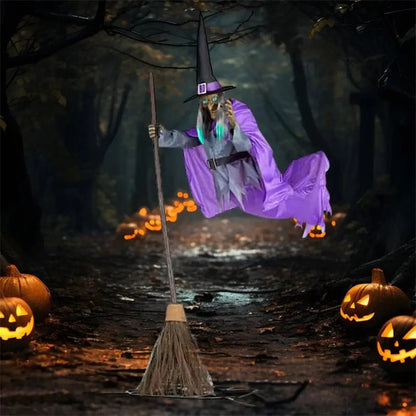 Halloween flying witch decoration with broom and scary sound, 180cm tall