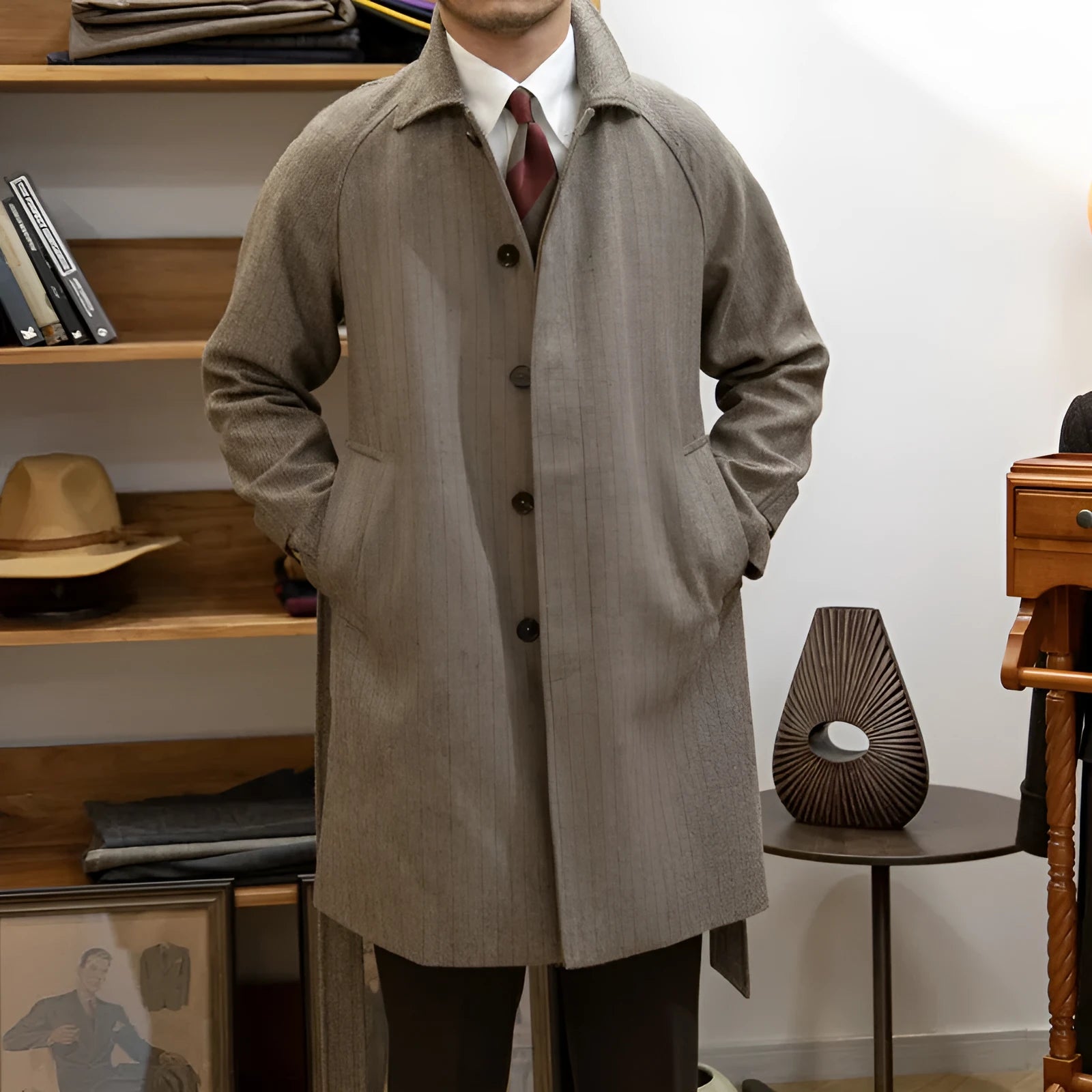 Autumn winter Barr MACN warm wool brown houndstooth side pocket overcoat for teenagers