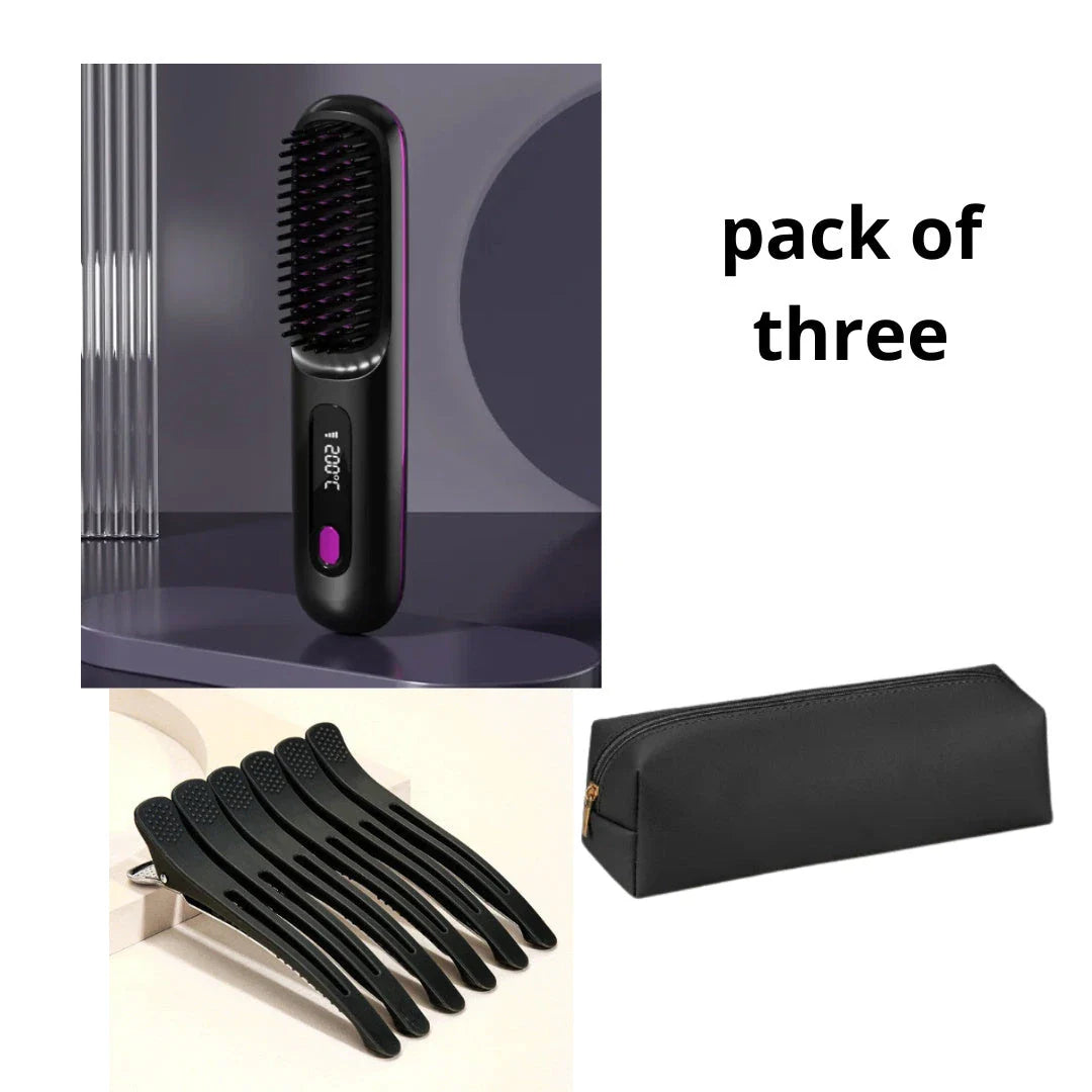 Cordless hair straightening brush with fast heating, long-lasting battery, and USB charging capabilities