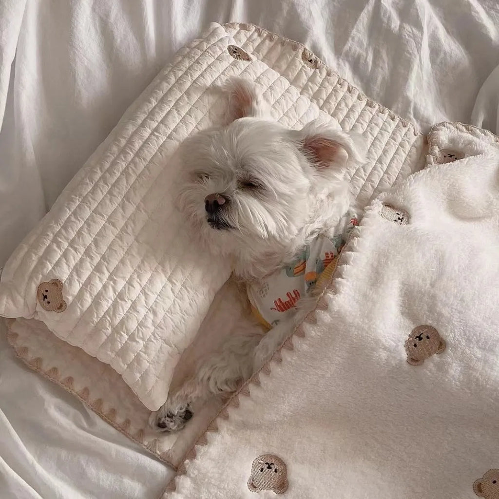 Square removable washable dog bed set with pillow, mattress, and comforter in simple bear design.