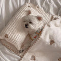 Square removable washable dog bed set with pillow, mattress, and comforter in simple bear design.