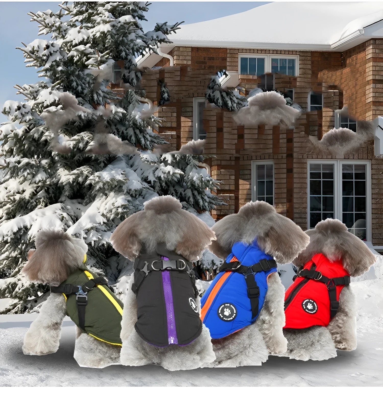 Dog wearing a blue chest strap jacket with cotton padding and a secure buckle fastening.