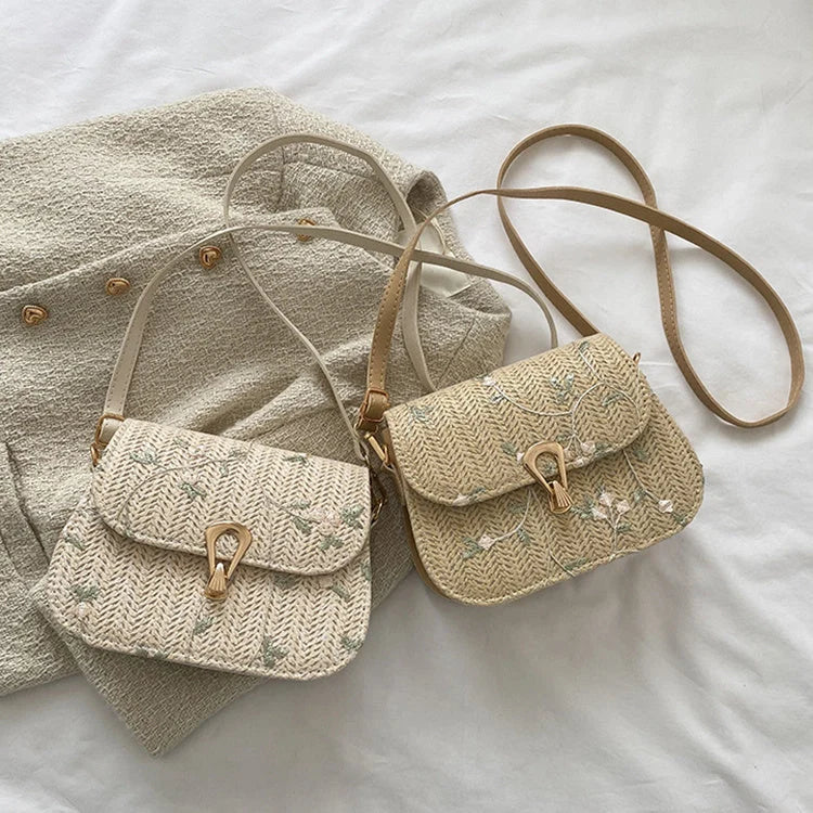 Summer straw woven bag with floral pattern in white and khaki options