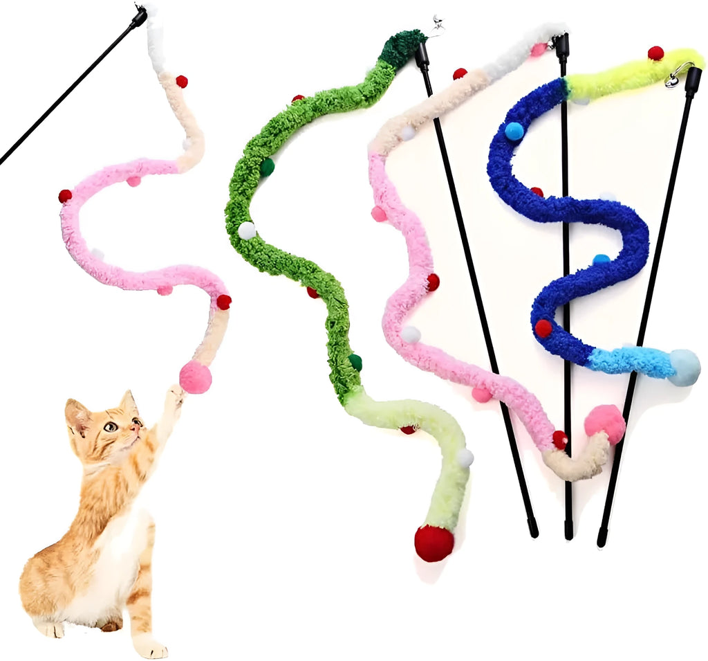 Cat teaser wand with long plush strip and colourful ball with bells for interactive indoor play