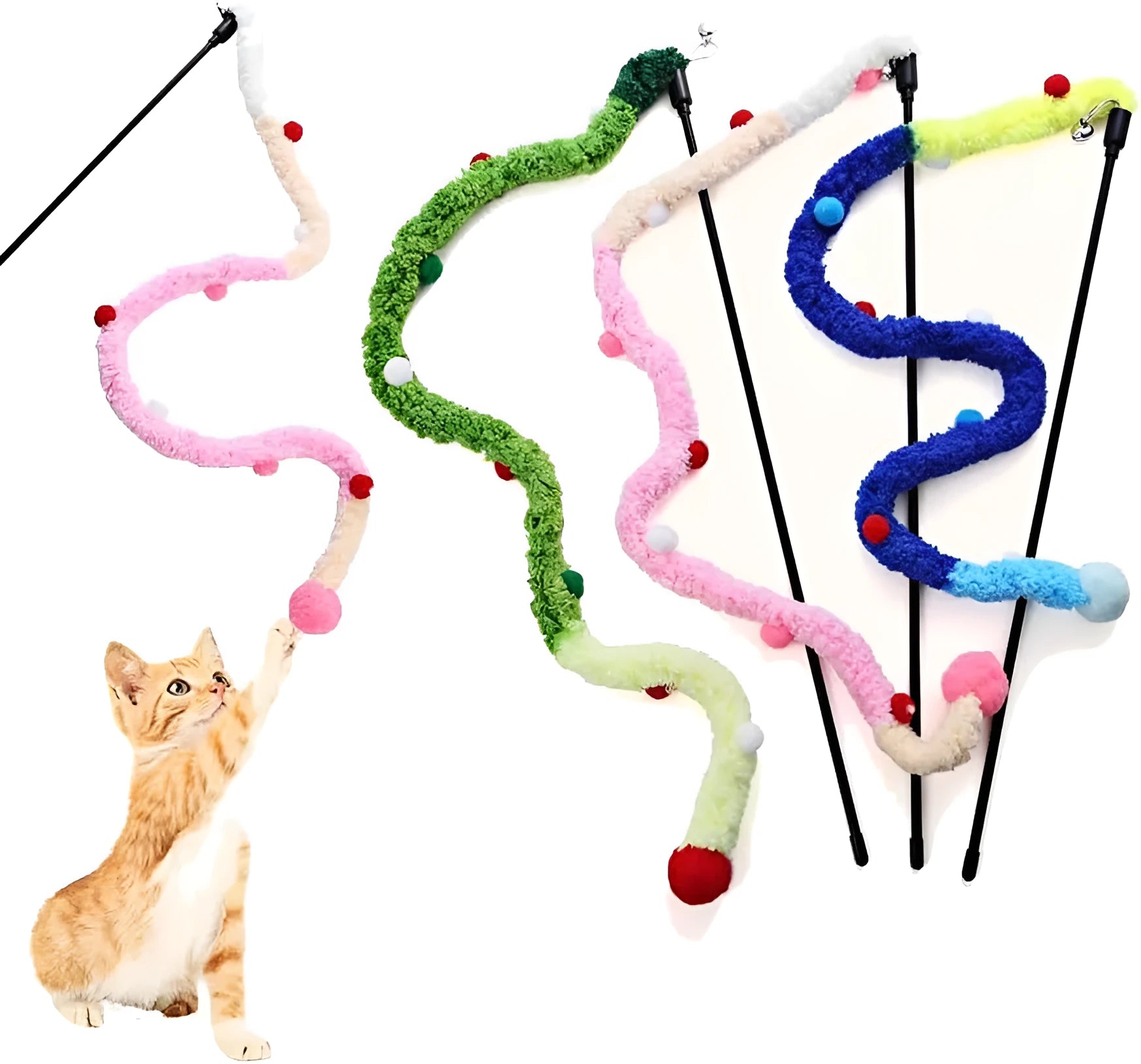 Cat teaser wand with long plush strip and colourful ball with bells for interactive indoor play