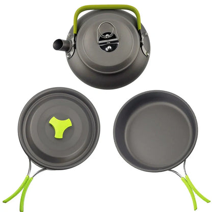 Green folding aluminium alloy camping pot set for 2-3 people showing compact storage size