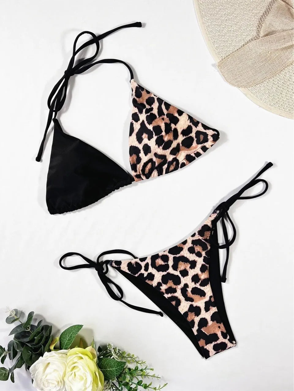 Women's leopard print halter bikini with lace-up front closure