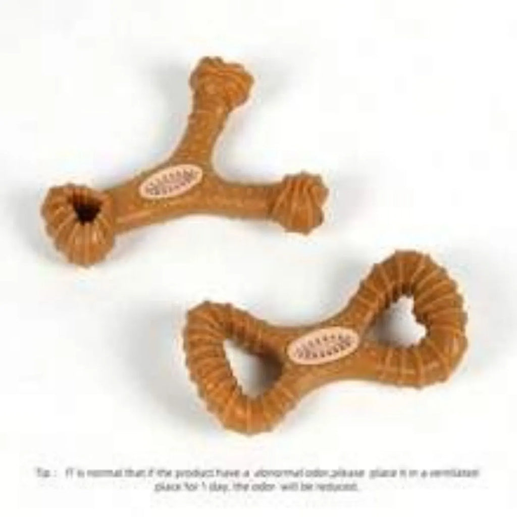 Dog chew toy bone with textured ridges for teeth cleaning in Y-shape and 8-shape designs