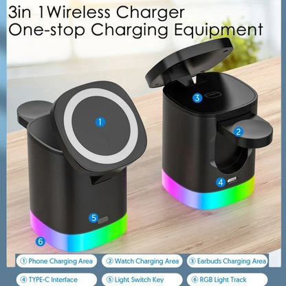 3-in-1 wireless fast charger with magnetic docking and smart breathing light indicator for smartphones, AirPods, and Apple Watch