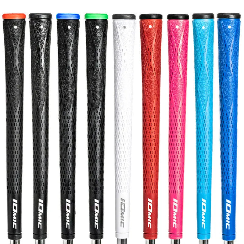 TPE and TPR golf club grip shown in multiple colour options including pink, red, blue, and two-tone designs.