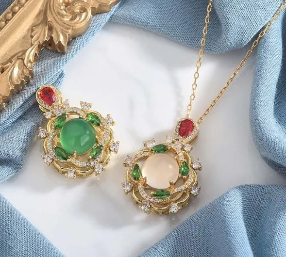S925 silver inlaid natural chrysoprase agate geometric round pendant necklace on copper base with gold detailing, green chalcedony option