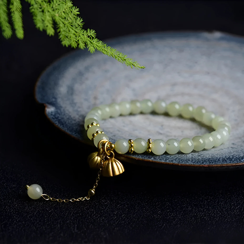 Hetian Jade bracelet with Step by Step Lotus design and Fu character on 6mm beads