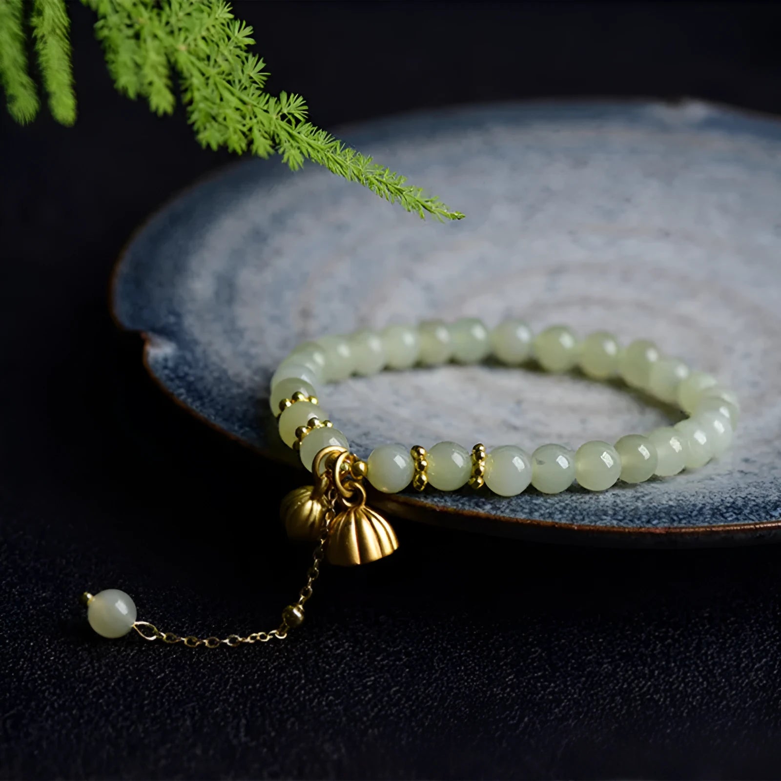 Hetian Jade bracelet with Step by Step Lotus design and Fu character on 6mm beads