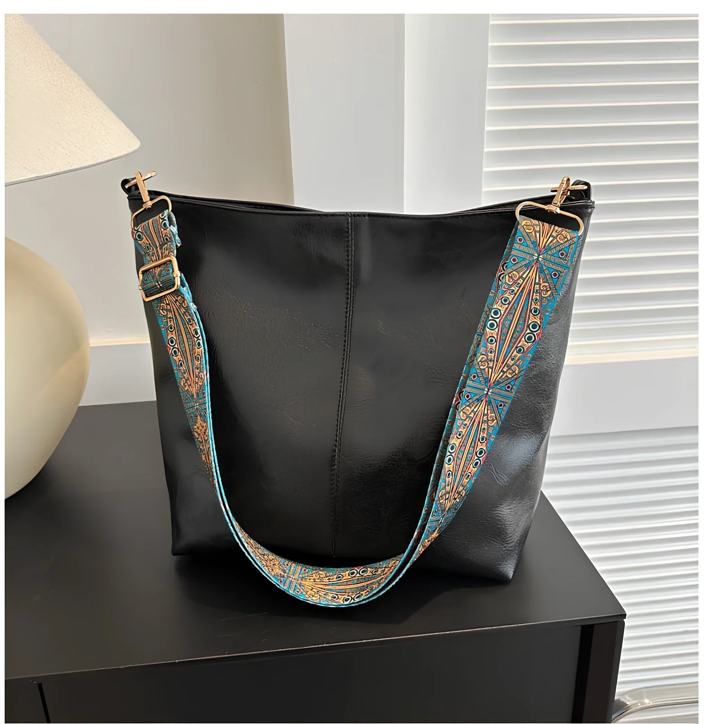 Women's army green PU bucket crossbody bag with wide ethnic strap, 30cm height, large capacity for phone and laptop