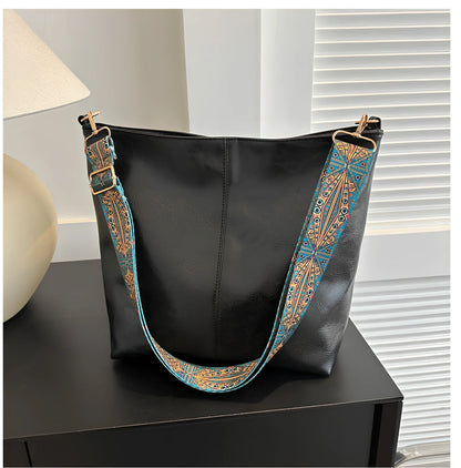 Women's army green PU bucket crossbody bag with wide ethnic strap, 30cm height, large capacity for phone and laptop