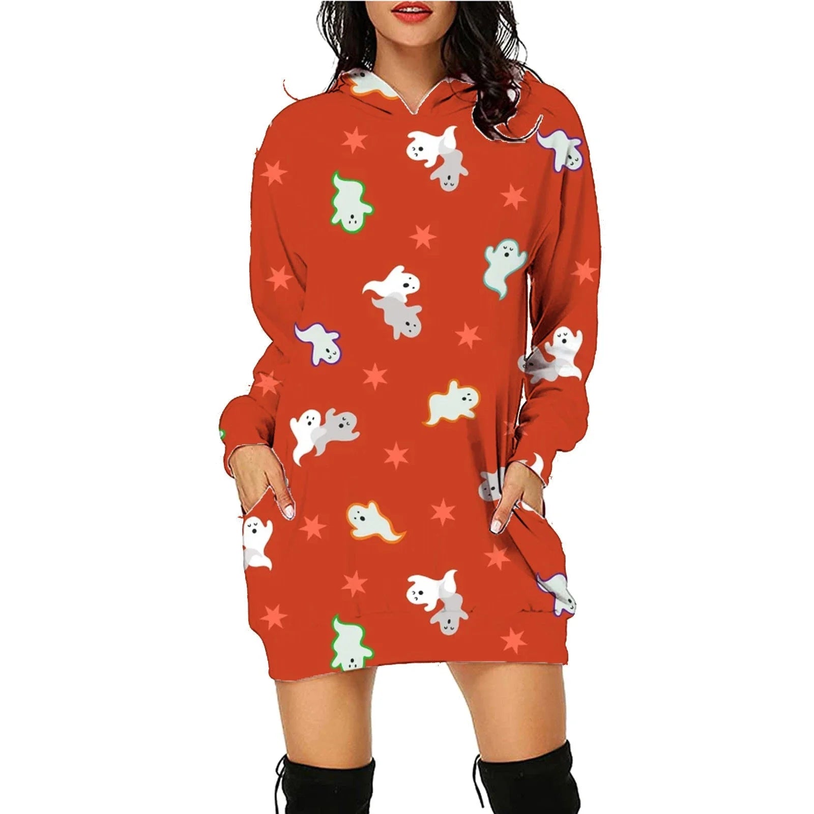 Stylish women's Halloween hoodie with a unique printed design and convenient front pockets