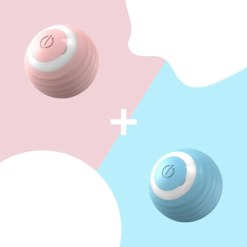Blue and pink rechargeable automatic moving silicone cat toy ball with charging cable.
