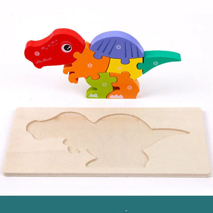 Sustainable wooden dinosaur 3D puzzle set for children, including six different models.