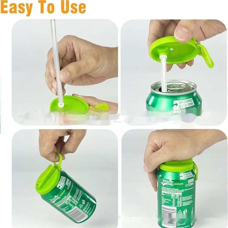 Reusable soda can lid with straw for spill-free drinking, fits all standard cans