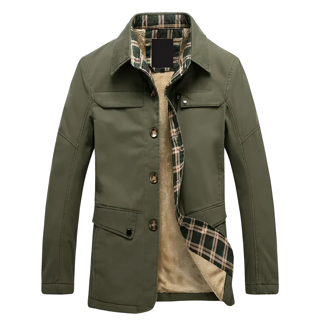 Fleece-lined men’s jacket in Korean slim fit, cotton with velvet lining, mid-length 65 cm, side pockets