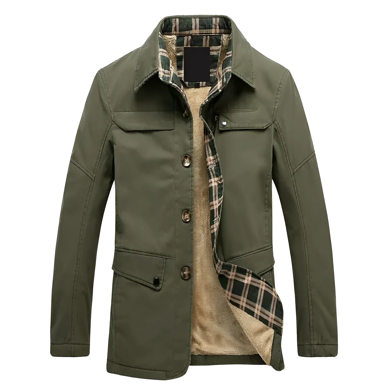 Fleece-lined men’s jacket in Korean slim fit, cotton with velvet lining, mid-length 65 cm, side pockets