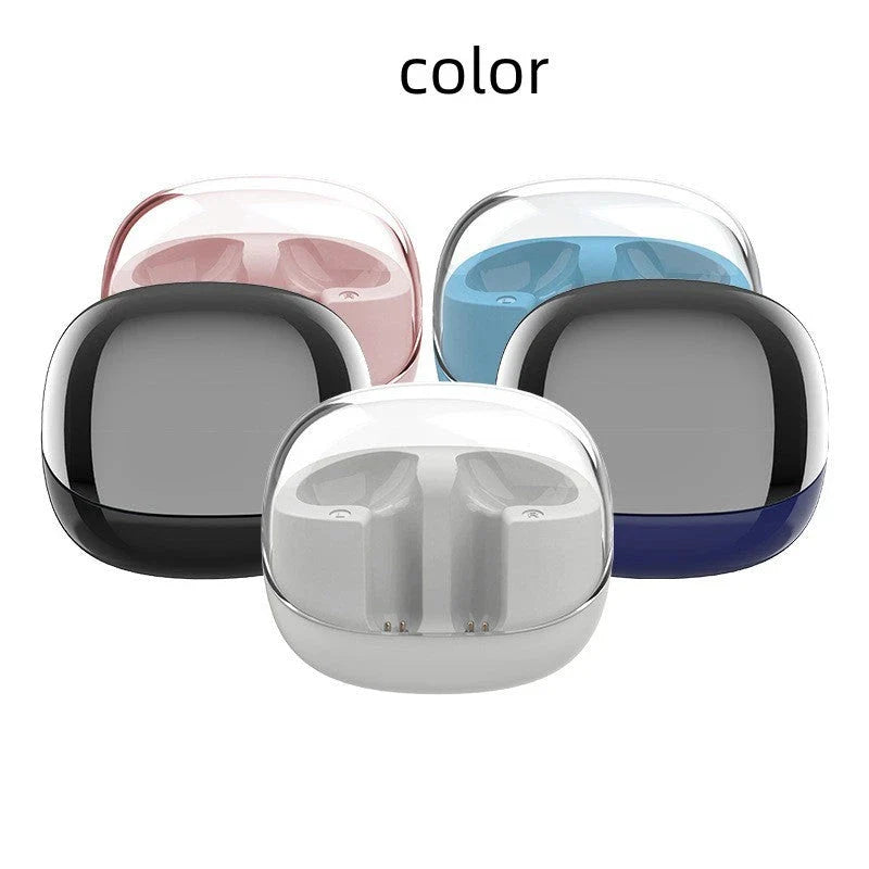 Wireless Bluetooth headset with transparent mini charging case, designed for superior sound quality, all-day comfort, and seamless connectivity.