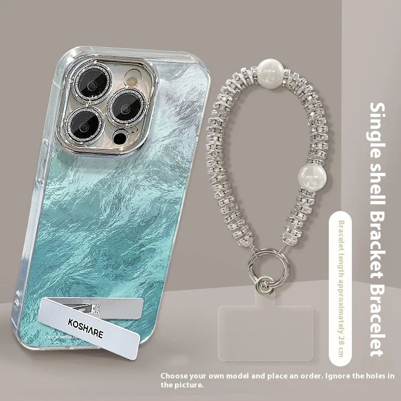Ice blue gradient hard PC phone case with invisible bracket and silver chain for iPhone 15 Pro Max