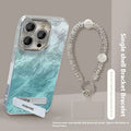 Ice blue gradient hard PC phone case with invisible bracket and silver chain for iPhone 15 Pro Max