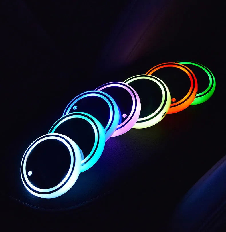 LED light-up car cup holder coaster showing seven colour options and non-slip surface