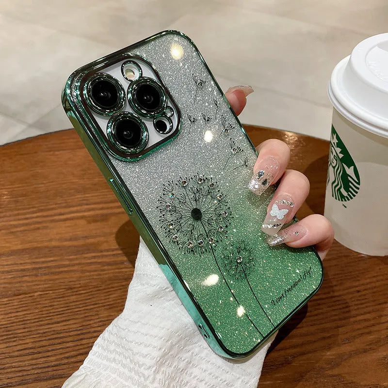 Dandelion gradient glitter silicone phone case for Apple iPhone in purple, drop resistant heat dissipation design