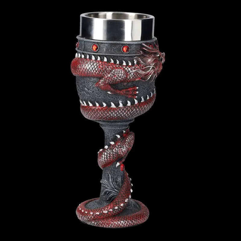 Red and gold stainless steel wine glass with 3D Chinese dragon resin design, 200ml capacity.