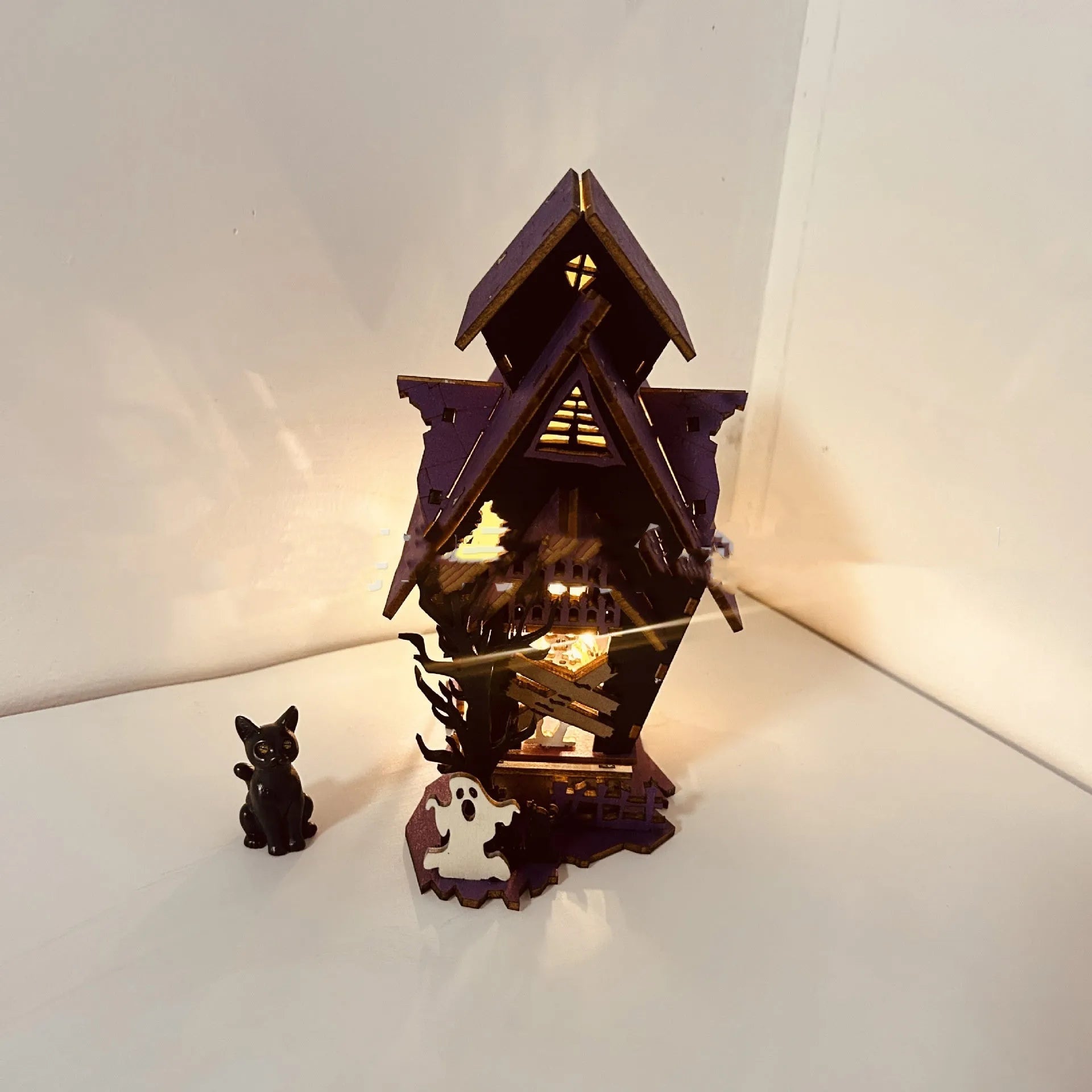 DIY wooden haunted house Halloween table decoration with candlestick function