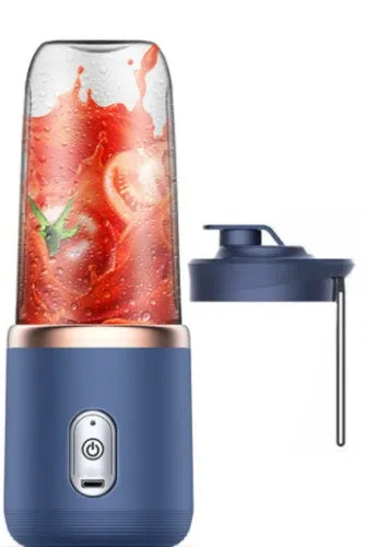 Tunisian dark blue portable blender and juicer with six blades, USB cable, and 400ml cup.