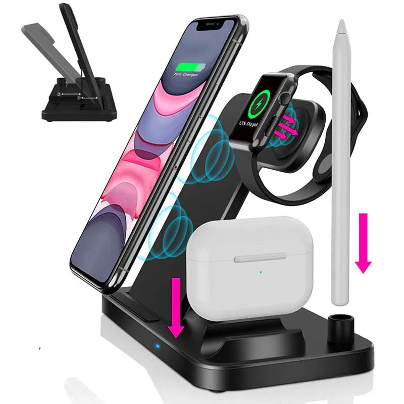Black folding 4-in-1 wireless charger showing vertical stand for iPhone and flat charging pad.