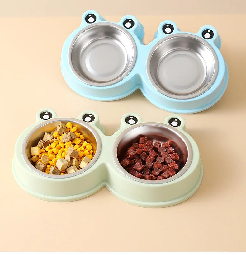 Blue stainless steel double pet bowl with frog design and non-slip base for cats and dogs