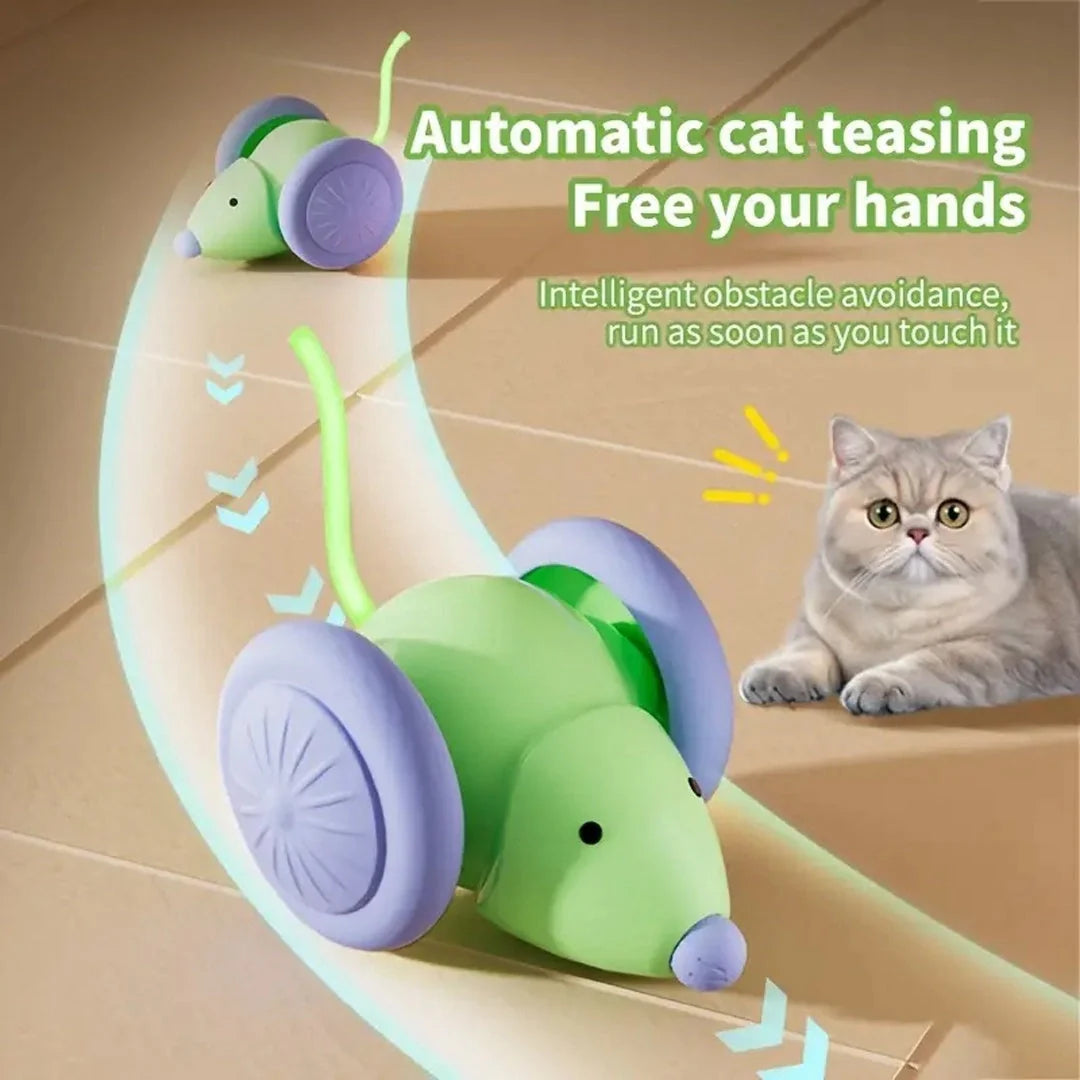Interactive electric mouse car cat toy in green and white with intelligent obstacle avoidance