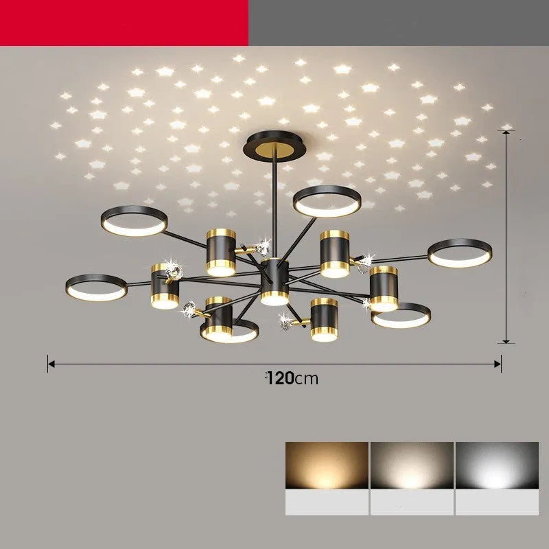 Black iron pendant chandelier with 13 lamp heads and adjustable height ceiling mount