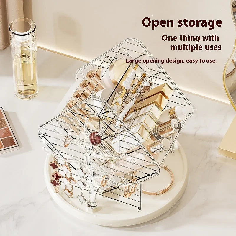 Clear and amber gold rotating plastic cosmetics storage box organiser on a vanity.