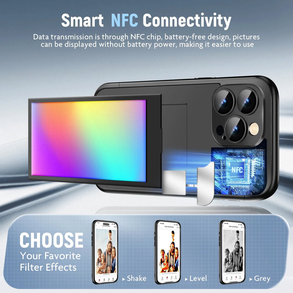 Black plastic flip phone case for iPhone 15 Pro with visible NFC chip and blank ink screen panel for DIY designs.