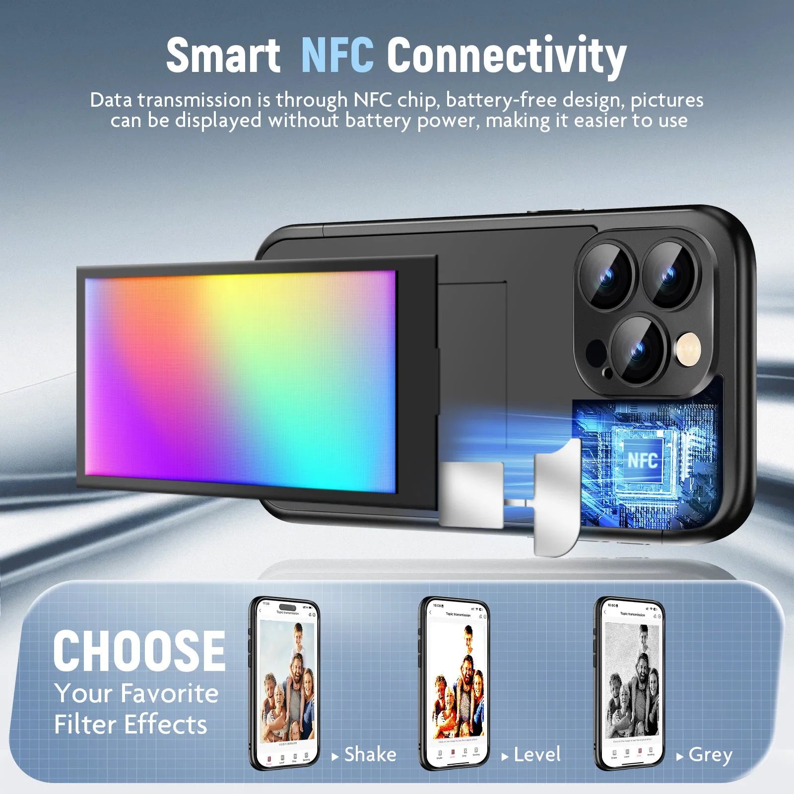 Black plastic flip phone case for iPhone 15 Pro with visible NFC chip and blank ink screen panel for DIY designs.