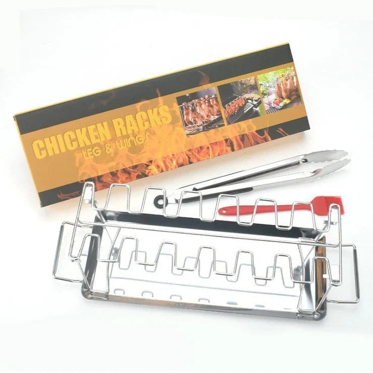 Stainless Steel Barbecue Rack with 14 slots for cooking chicken legs and wings, featuring a folding stand and drip tray