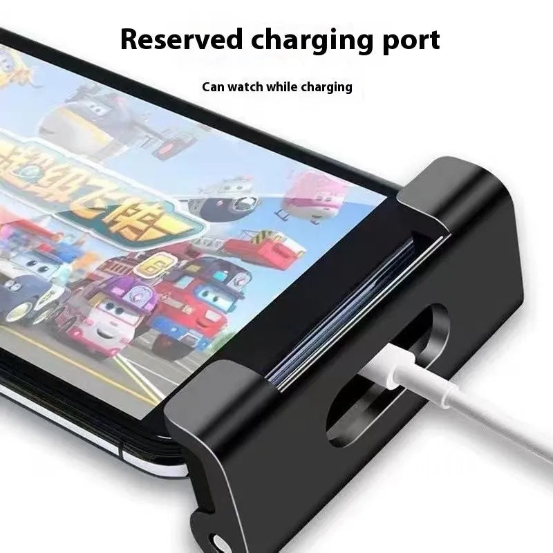Car back seat mobile phone and tablet mounting stand in black with lace design, showing device in horizontal orientation
