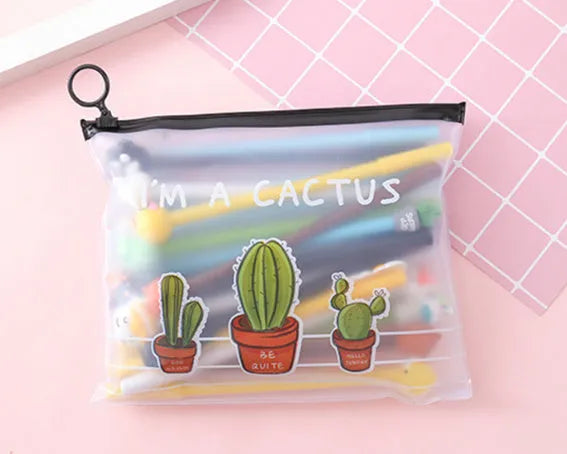 Twenty colourful cartoon cactus pens with Marvel designs in plastic storage case