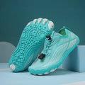 Children's blue swimming shoes with non-slip rubber soles and elastic band closure for beach and pool use