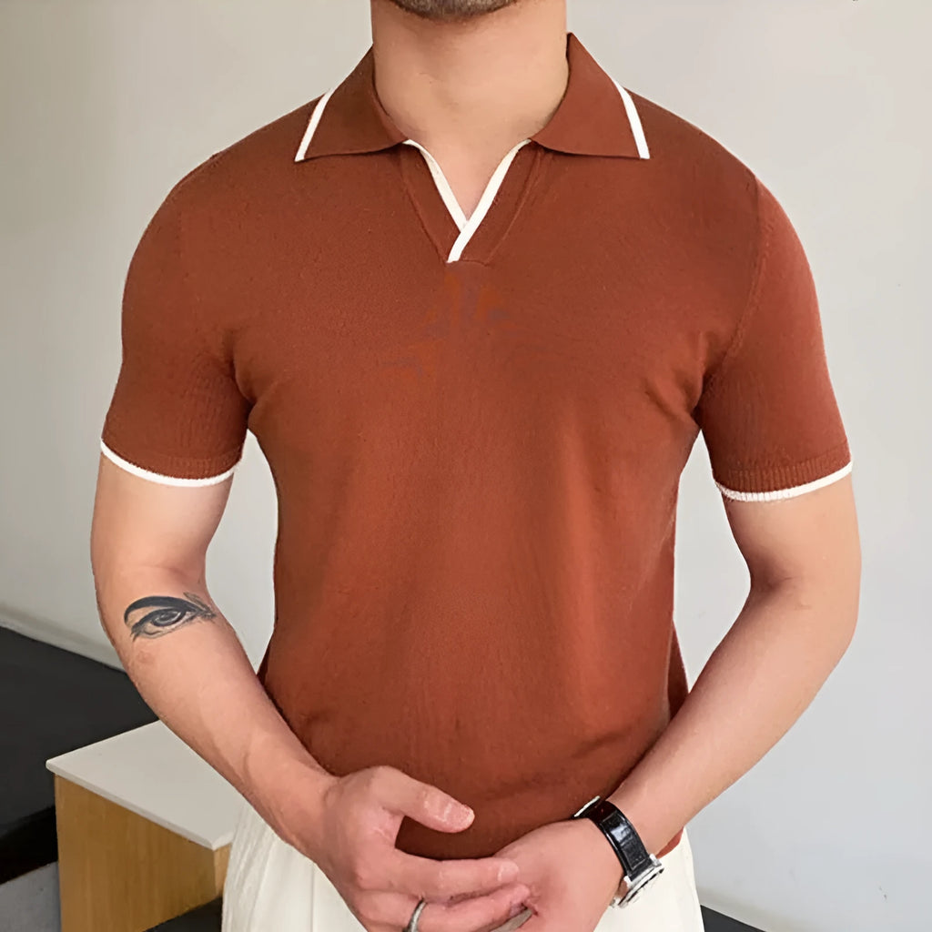 Men's summer red lapel knitwear top with short sleeves and flocking detail in viscose