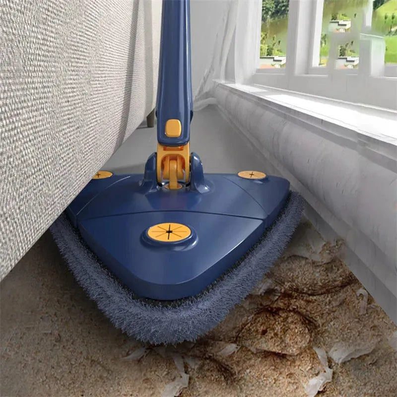 Blue and white extendable triangle cleaning mop with rotating head on a stainless steel pole.
