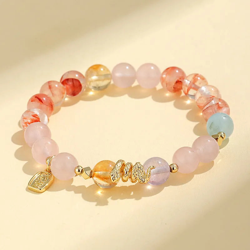 Women's Fu snake lucky crystal bracelet with amethyst beads and red plastic flowers