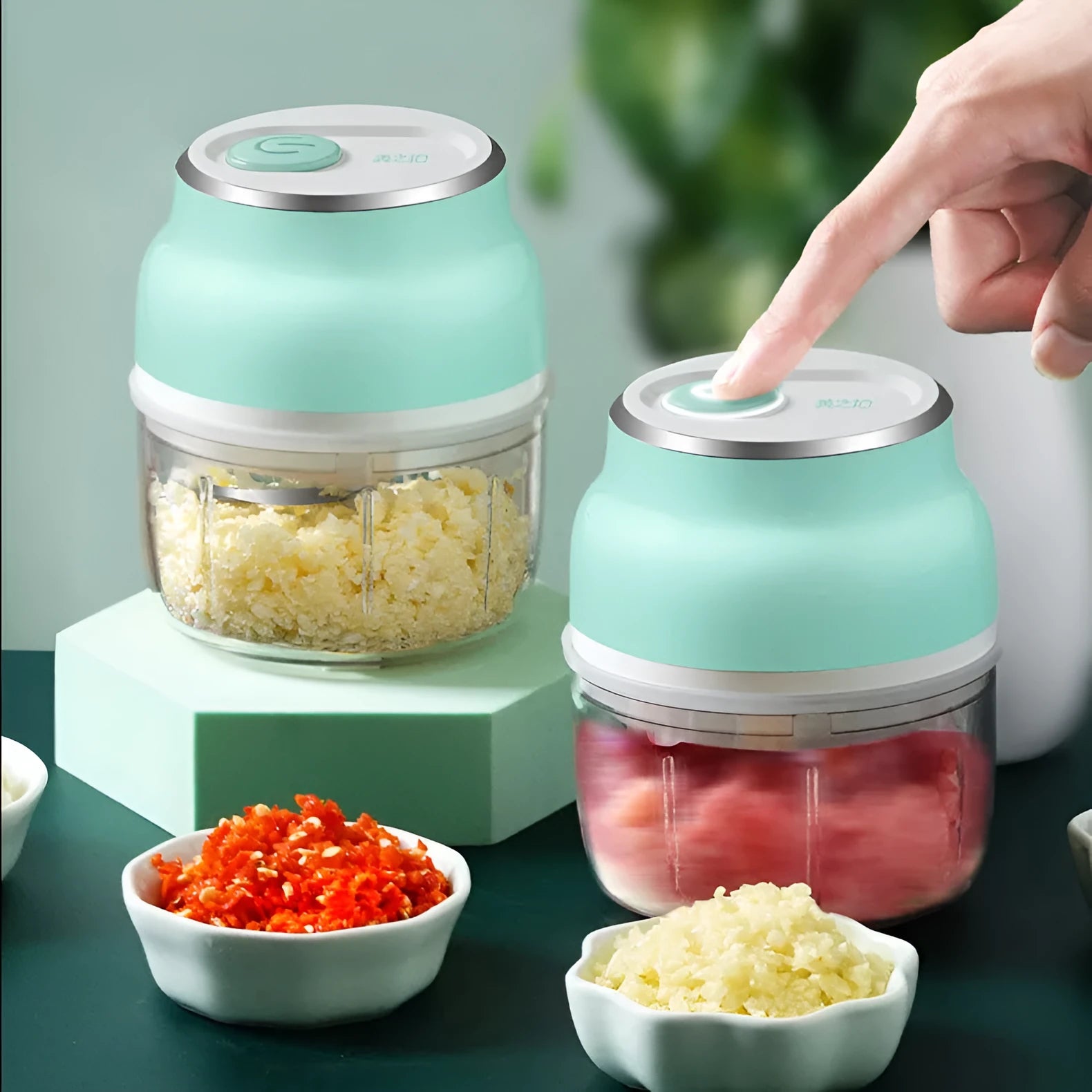 Portable electric food chopper with transparent cup and stainless steel blades, showing 150ml and 230ml size options.